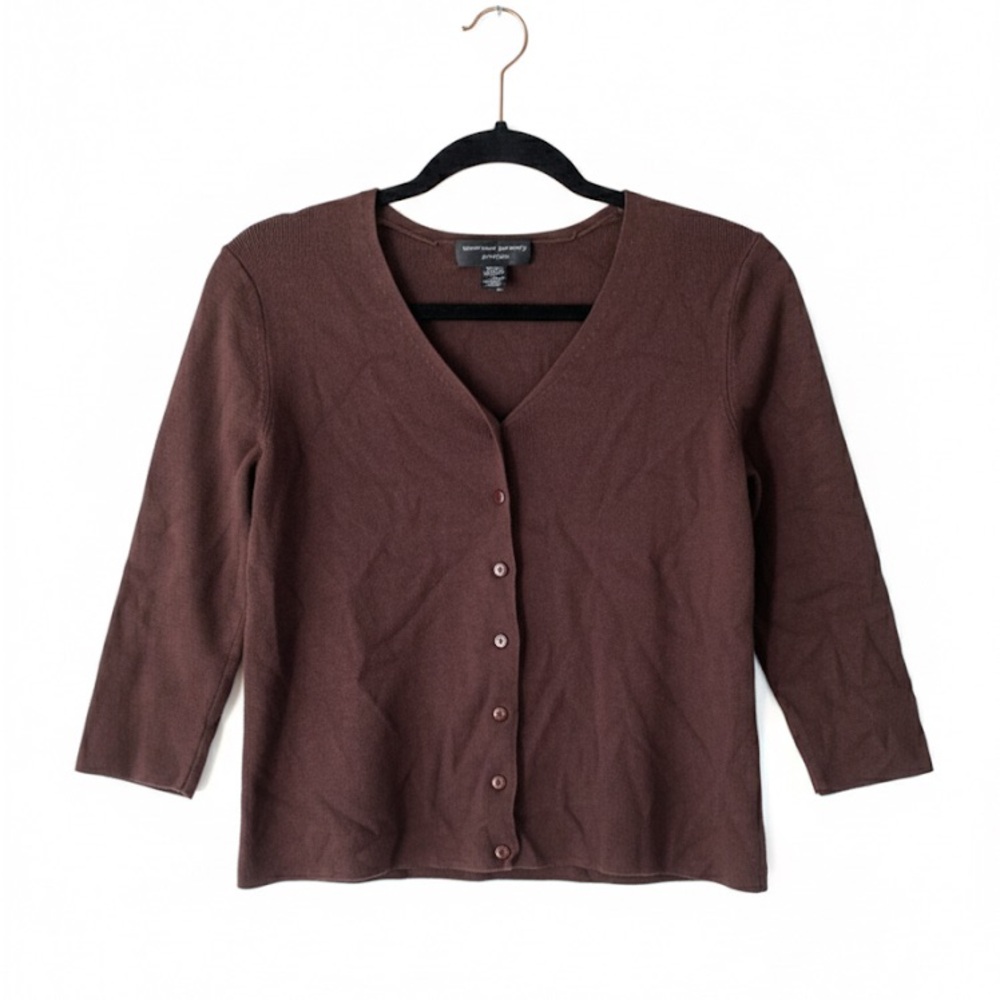 Vintage 90s Brown Silk Cardigan Petite Medium Espresso Minimalist Y2K Soft Top